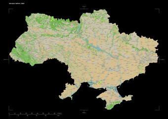 Ukraine before 2014 shape isolated on black. OSM Topographic French style map