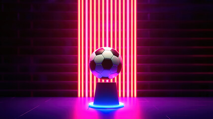 Football ball on a show stage with neon vertical lights