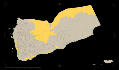 Yemen shape isolated on black. OSM Topographic French style map