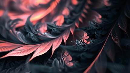 Pale coral and charcoal blend on fern fronds, a 3D spiral view capturing the smooth flow of their calming dance with a touch of freshness.