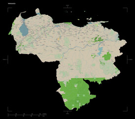 Venezuela shape isolated on black. OSM Topographic French style map