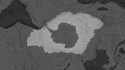 Antarctica plate highlighted. Eckert III. Bilevel