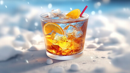 Cold iced winter drink in glass on snowy ground