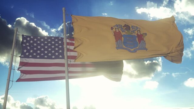 The New Jersey state flags waving along with the national flag of the United States of America. In the background there is a clear sky