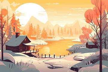 Rolgordijnen Cartoon winter landscape illustration. Generative AI © Danilo