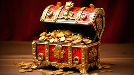 Amazing gold treasure in decorated red chest