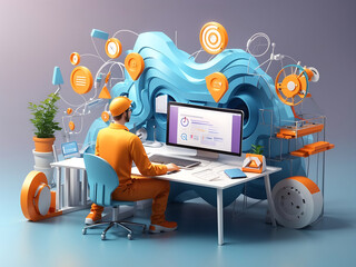 3d Project management concept. Design and programming on the product, communication team, and CMS development. Web development and coding. 3d render illustration design - obrazy, fototapety, plakaty