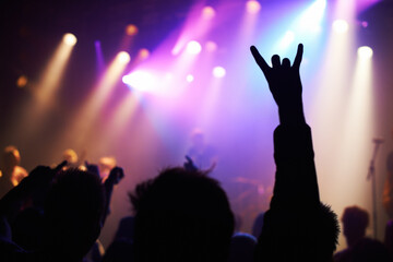 Silhouette, concert and audience with rock or sign for music, party and rave festival with...