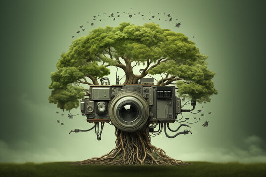 retro background with tree like a brain technology future photo camera in the middle