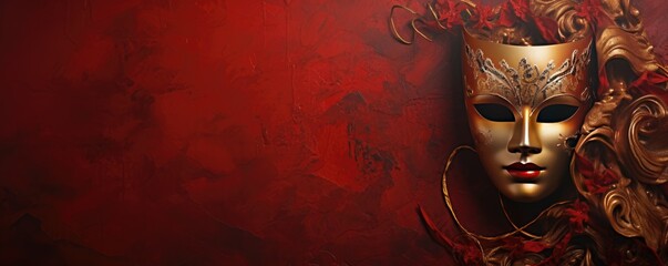 Venetian carnival mask on dark red background with shiny golden streamers and glitter. Carnival party concept. Festive backdrop for design card, banner, flyer with copy space