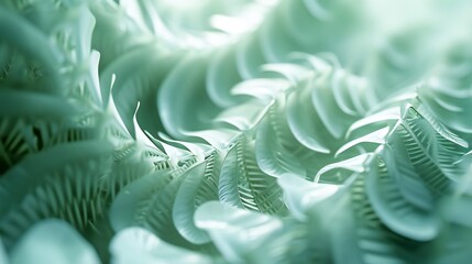 Flowing and swirling fern leaves in close-up with soft hues, their 3D patterns creating a tranquil and mesmerizing dance.