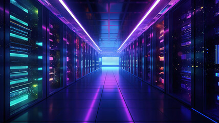 Cartoon corridor in a spaceship, datacenter with server racks