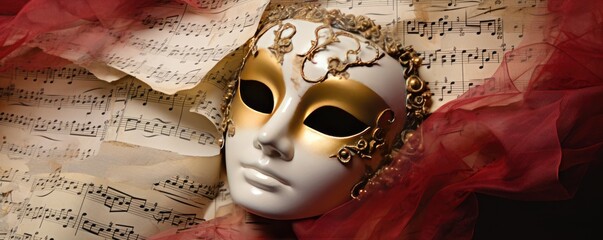 Golden and white Venetian carnival mask on on sheet music. Carnival party concept. Phantom of the Opera. Festive background for design card, banner, flyer with copy space