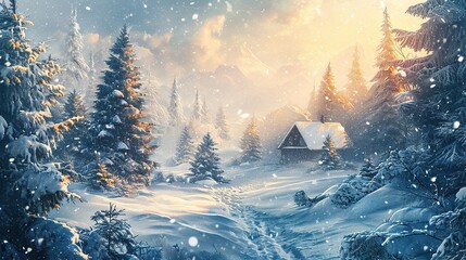 Drawing of a fabulous winter forest with a hut. A blizzard with snowflakes and sunlight in the clouds
