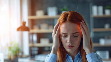 Redhead woman suffering from strong headache. Female with migraine attack in office. Pain concept with red pointers
