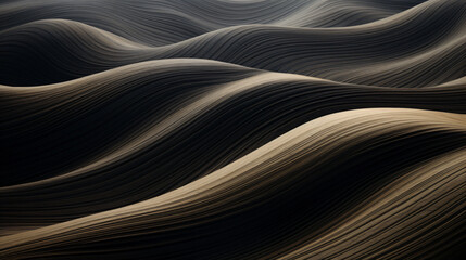 a view of a artificial hills and black and white stripes, in the style of textural surface treatment, dark black and dark beige, tabletop photography, organic flowing forms, luminous