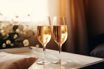 Toasting with Champagne in a Warm Hotel Room Ambiance