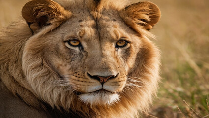 Fototapeta premium Closeup revelations of savanna's royalty, woven in golden fur and gazing eyes where golden fur and eyes speak the language of the wild