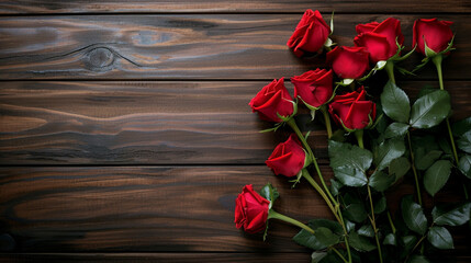 Naklejka na ściany i meble romantic valentines day background. Bouquet of red roses on a wooden background. premium valentines day background.