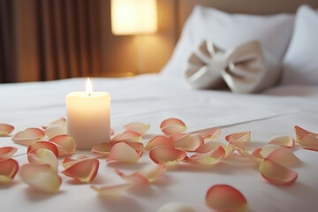 Fototapeta na wymiar Lit candle and rose petals on a bed in a cozy hotel room.
