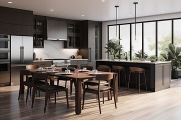 Fototapeta premium 3D render of a contemporary kitchen with state-of-the-art appliances, minimalist cabinets, and a stylish dining area