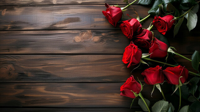 romantic valentines day background. Bouquet of red roses on a wooden background. premium valentines day background.