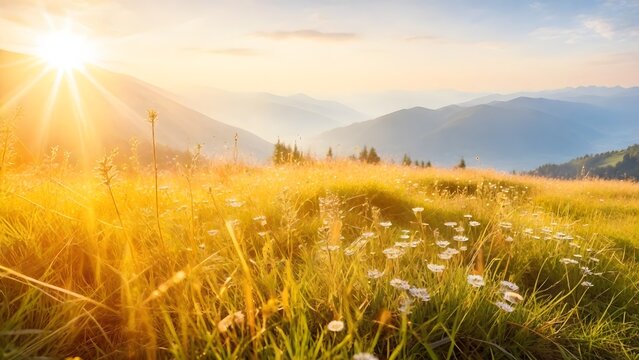 Sunset in the mountains landscape. Beautiful nature scene with grass and flowers.