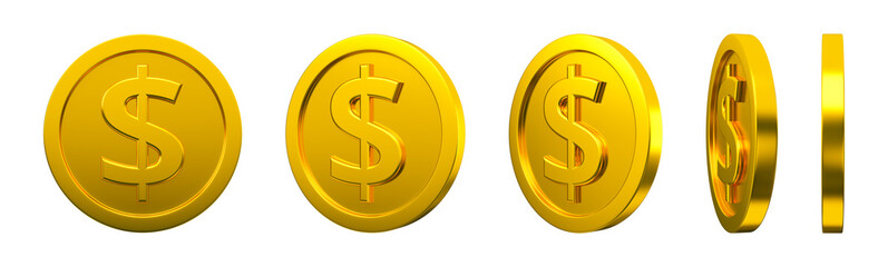 Golden dollar sign coin front isolated. Currency money concept. 3d rendering.