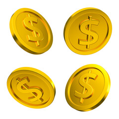 Golden dollar sign four coins isolated. Currency money set concept. 3d rendering. - obrazy, fototapety, plakaty