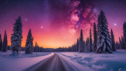 Fantastic winter landscape with snow covered trees and road at sunset - obrazy, fototapety, plakaty