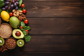 Fresh fruits in a box on wooden background. Top view with copy space
