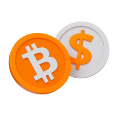 Bitcoin and dollar currency isolated. Cryptocurrency rate concept. 3d rendering.