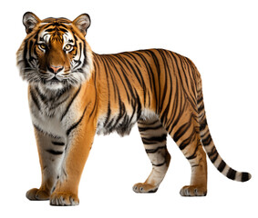 Fototapeta premium Portrait of a standing tiger animal seen on the side isolated on a transparent background. generative ai