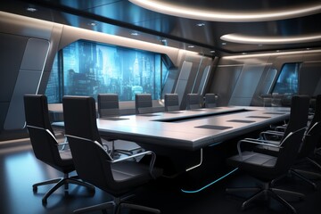 Modern conference room with a large table, ergonomic chairs, and advanced presentation technology