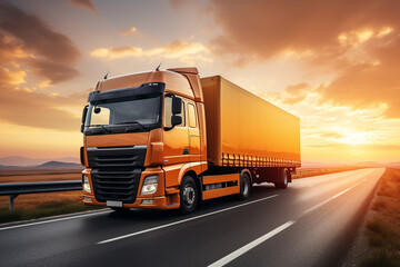 Truck on the road at sunset. Transportation and logistics concept.