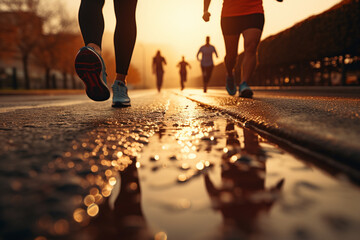 Marathon running race, people feet on city road at beautiful sunset - obrazy, fototapety, plakaty