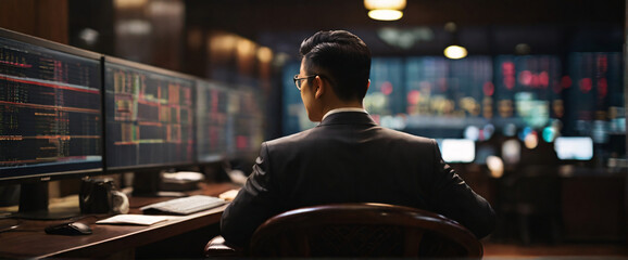 Japanese business people wearing suits in an office, seated in front of a commanding monitor tailored for widescreen - obrazy, fototapety, plakaty