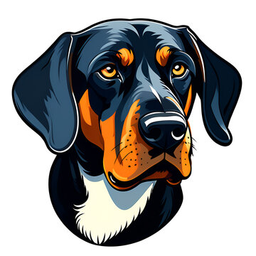 cartoon black and tan coonhound dog puppy breed, vector illustration, logo icon tattoo, head / face art, isolated on white background, transparent PNG