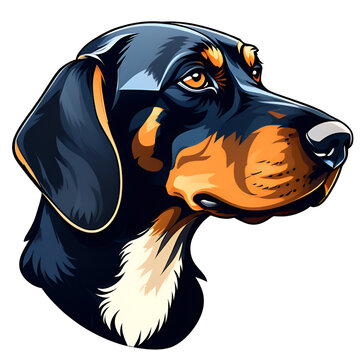 cartoon black and tan coonhound dog puppy breed, vector illustration, logo icon tattoo, head / face side view art, isolated on white background, transparent PNG