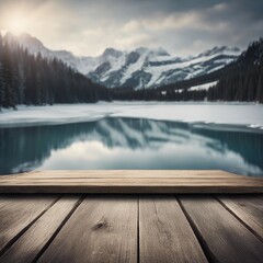 Beautiful snowy rock mountain glacier lake fresh landscape scenery with rustic wooden plank table 