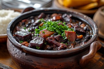 Brazilian feijoada with black beans and smoked meats offers a taste of Brazil's culinary richness, promising a hearty and flavorful experience with traditional ingredients.