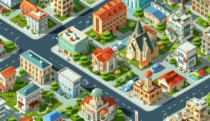 City buildings isometric composition with streets and modern residential houses