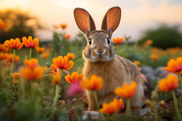 Fototapeta na wymiar bunny among wildflowers, funny big-eared rabbit in the field.