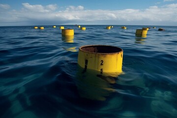 Floating yellow barrels on ocean depicting radioactive pollution. Generative AI