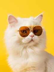 Portrait of a white fluffy cat wearing round sunglasses. Luxurious domestic kitty in glasses poses on yellow background wall. Generative ai. Ai.