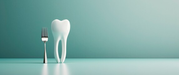 Model of tooth with fork in the isolated on pastel blue background