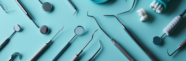 various dental tools are laid out on blue flat background - obrazy, fototapety, plakaty