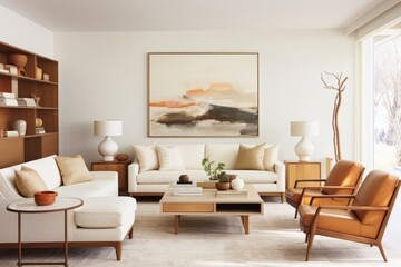 Cozy family room with minimalist furnishings, including a chic sofa and matching lounge chairs