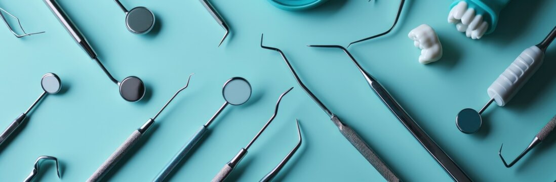 various dental tools are laid out on blue flat background