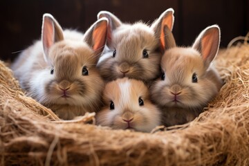A group of very adorable baby bunny snuggled together in a cozy hay bed